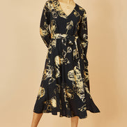 Yumi Black Foil Rose Print Midi Dress
