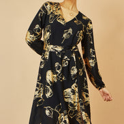 Yumi Black Foil Rose Print Midi Dress