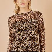 Yumi Brown Leopard Print Mesh Stretch Fitted Top