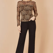 Yumi Brown Leopard Print Mesh Stretch Fitted Top