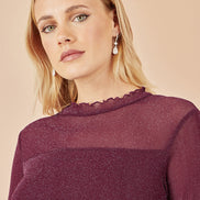 Yumi Burgundy Shimmer Print Mesh Stretch Fitted Top