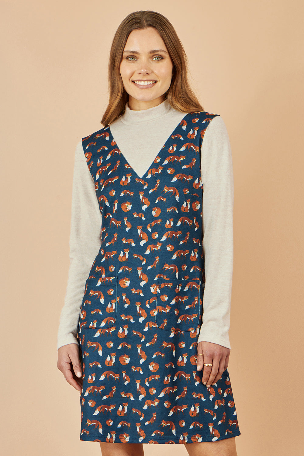 Yumi Navy Fox Long Sleeve Layered Tunic Dress with Front Pocket
