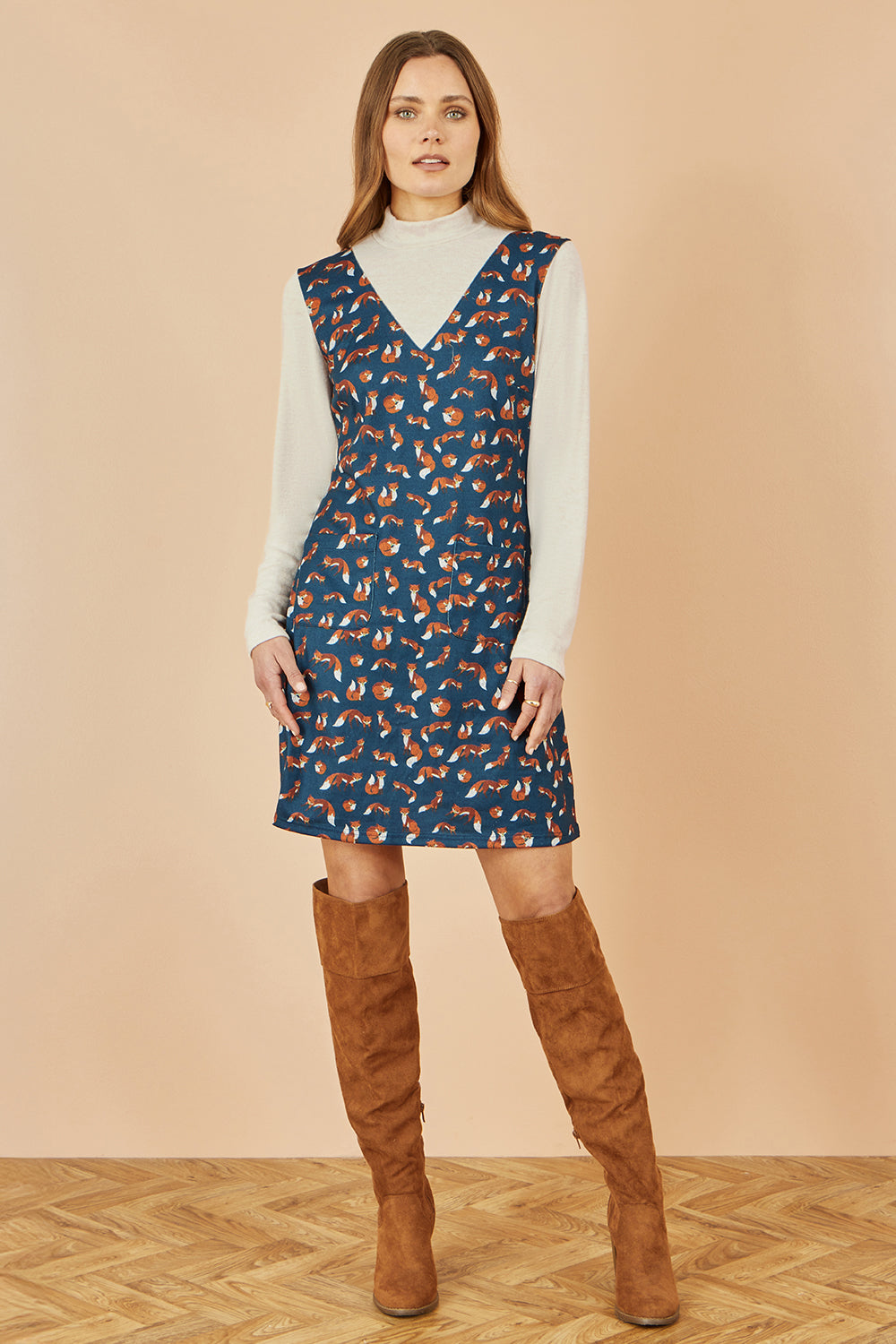 Yumi Navy Fox Long Sleeve Layered Tunic Dress with Front Pocket