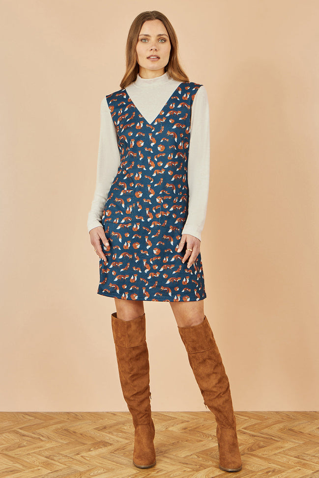 Yumi Navy Fox Long Sleeve Layered Tunic Dress with Front Pocket