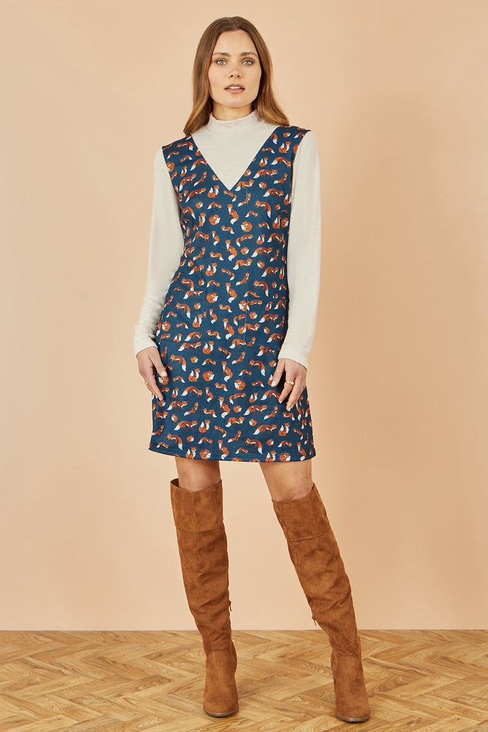 Yumi Navy Fox Long Sleeve Layered Tunic Dress With Front Pocket