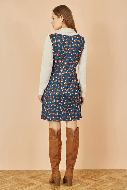 Yumi Navy Fox Long Sleeve Layered Tunic Dress with Front Pocket