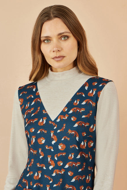 Yumi Navy Fox Long Sleeve Layered Tunic Dress with Front Pocket