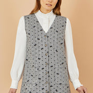 Yumi Grey Bow Print Pinafore Dress with Button Up