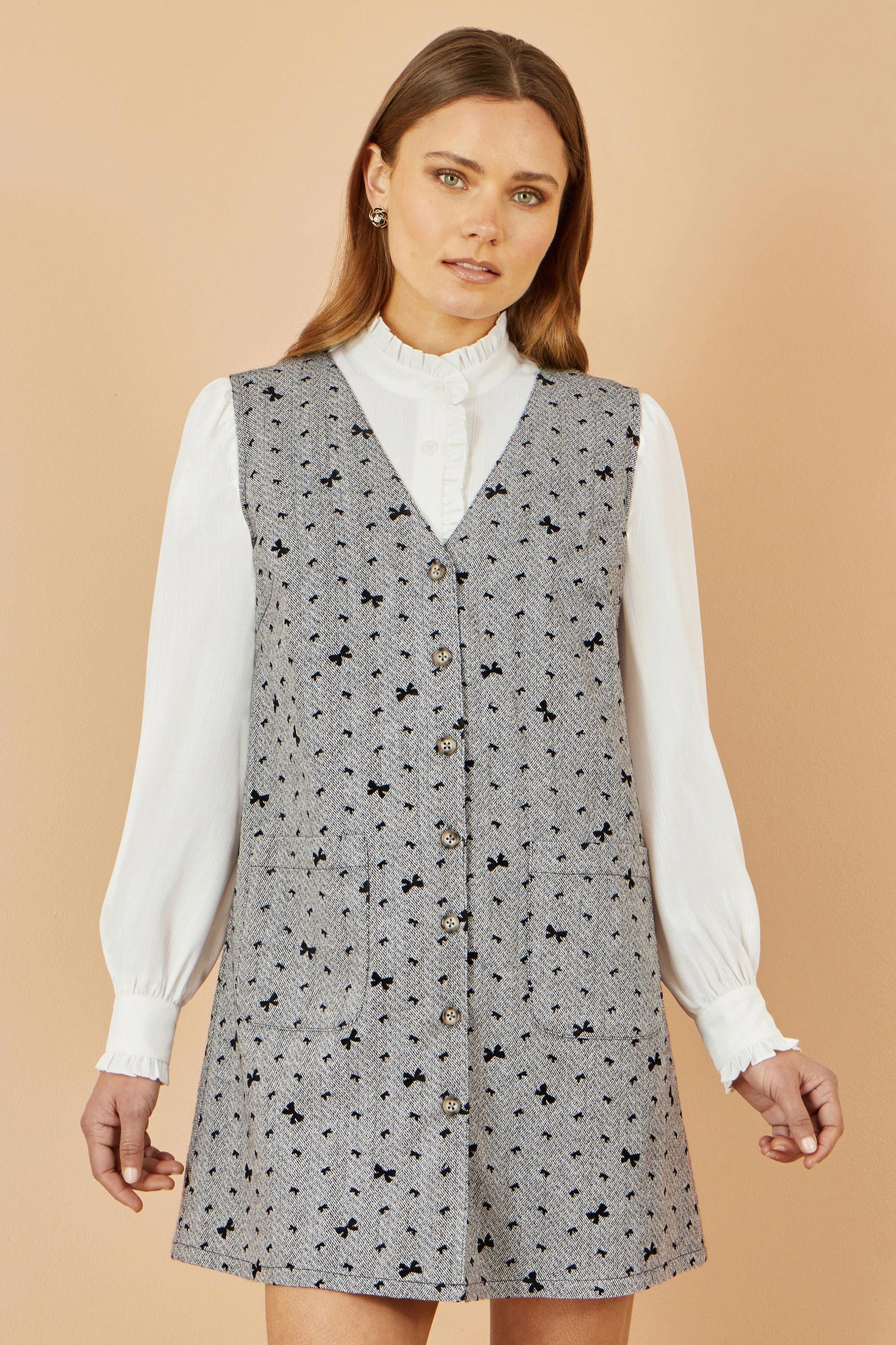 Yumi Grey Bow Print Pinafore Dress with Button Up