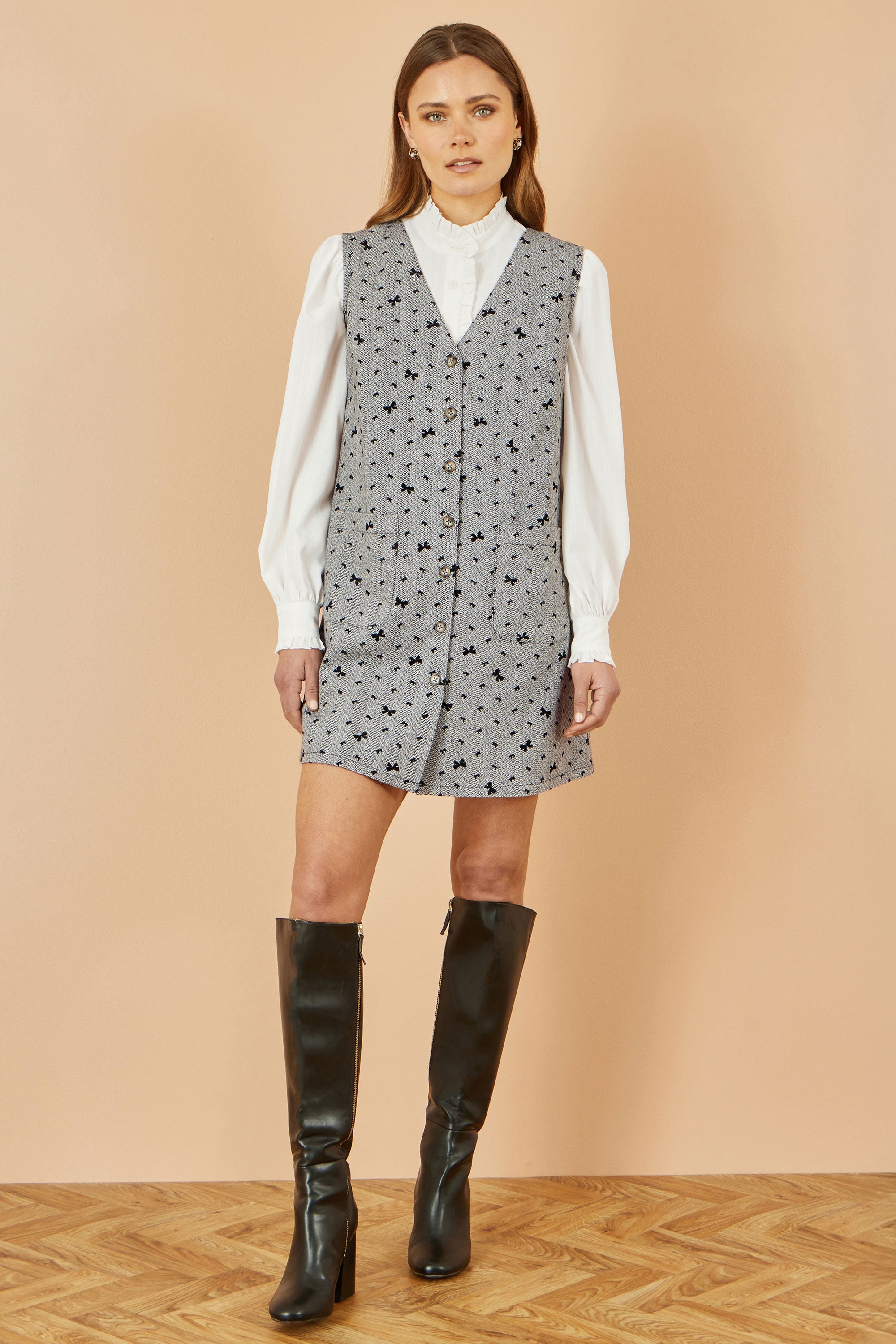 Yumi Grey Bow Print Pinafore Dress with Button Up