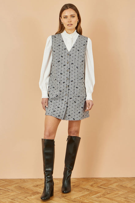 Yumi Grey Bow Print Pinafore Dress with Button Up