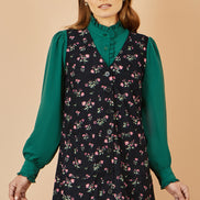 Yumi Black Floral Print Pinafore Dress with Button Up