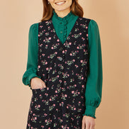 Yumi Black Floral Print Pinafore Dress with Button Up