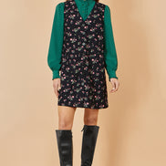 Yumi Black Floral Print Pinafore Dress with Button Up