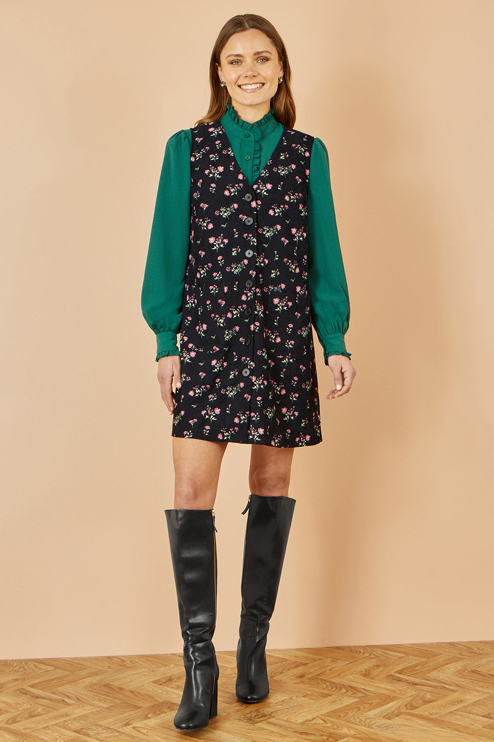 Yumi Black Floral Print Pinafore Dress with Button Up