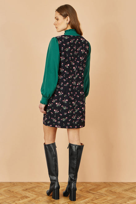 Yumi Black Floral Print Pinafore Dress with Button Up