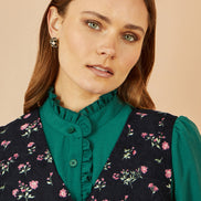 Yumi Black Floral Print Pinafore Dress with Button Up