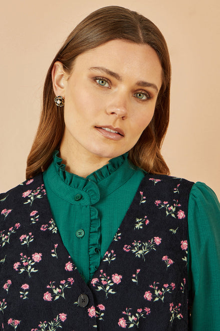 Yumi Black Floral Print Pinafore Dress with Button Up