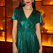 Yumi Green Metallic Ruched Midi Dress