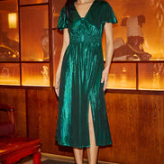 Yumi Green Metallic Ruched Midi Dress