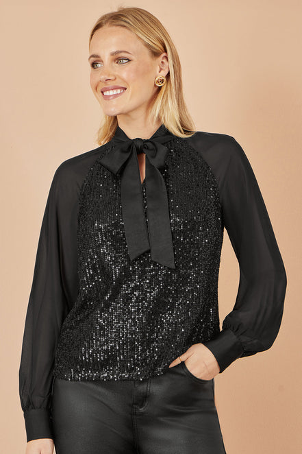 Yumi Black Sequin Pussy Bow Top