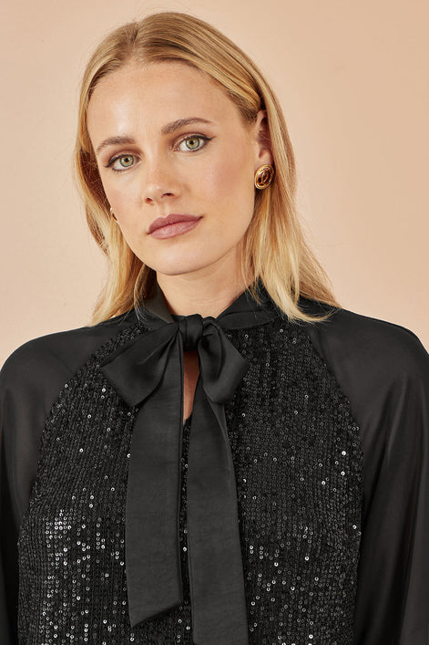 Yumi Black Sequin Pussy Bow Top