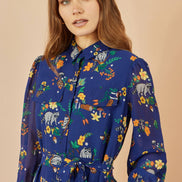 Yumi Recycled Navy Raccoon Print Shirt Midi Dress