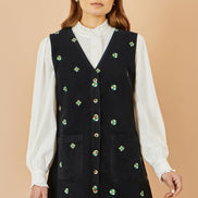 Yumi Black Flower Embroidered Button Up Pinafore Dress