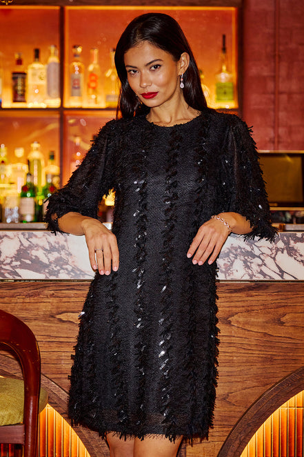 Yumi Black Hanging Sequin Tunic with Balloon Sleeves