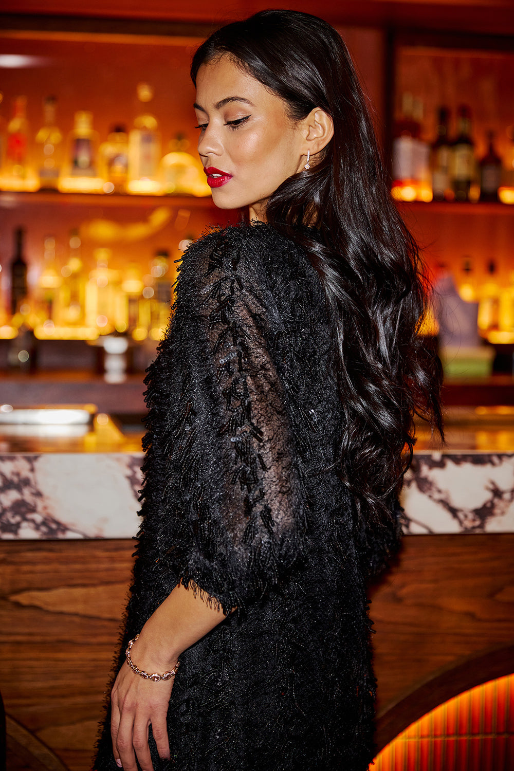 Yumi Black Hanging Sequin Tunic with Balloon Sleeves