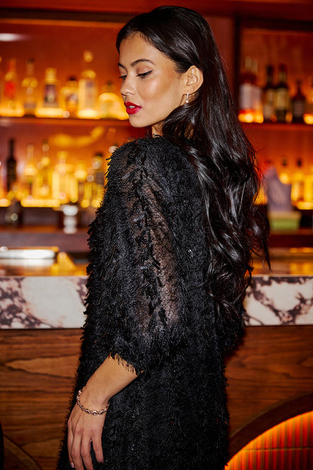 Yumi Black Hanging Sequin Tunic with Balloon Sleeves