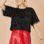Yumi Black Lurex Fringe Relaxed Fit Top