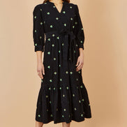Yumi Black Flower Embroidery Midi Cord Dress