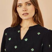 Yumi Black Flower Embroidery Midi Cord Dress