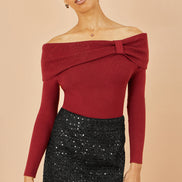 Yumi Burgundy Sparkle Bardot Jumper with Diamante Detail