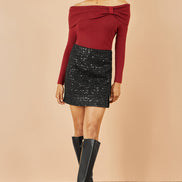 Yumi Burgundy Sparkle Bardot Jumper with Diamante Detail
