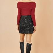 Yumi Burgundy Sparkle Bardot Jumper with Diamante Detail