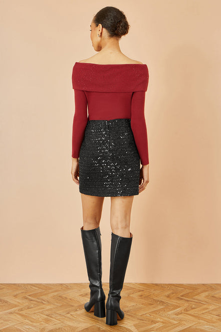 Yumi Burgundy Sparkle Bardot Jumper with Diamante Detail