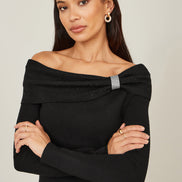 Yumi Black Sparkle Bardot Jumper with Diamante Detail