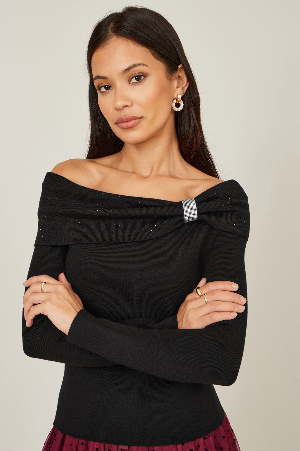 Yumi Black Sparkle Bardot Jumper with Diamante Detail