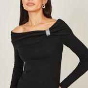 Yumi Black Sparkle Bardot Jumper with Diamante Detail