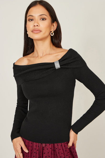Yumi Black Sparkle Bardot Jumper with Diamante Detail