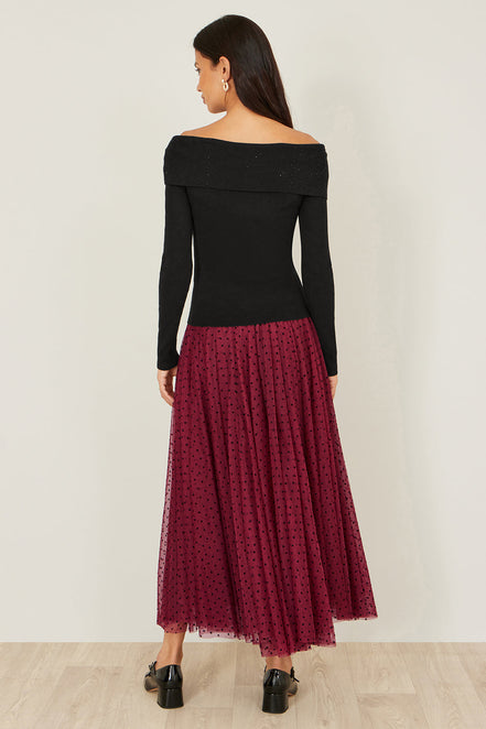 Yumi Black Sparkle Bardot Jumper with Diamante Detail