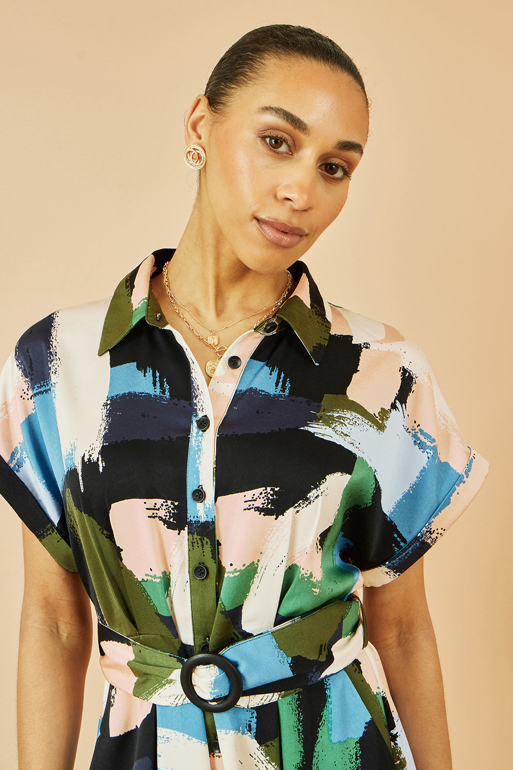 Yumi Blue Brushstroke Print Relaxed Midi Shirt Dress