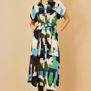 Yumi Blue Brushstroke Print Relaxed Midi Shirt Dress