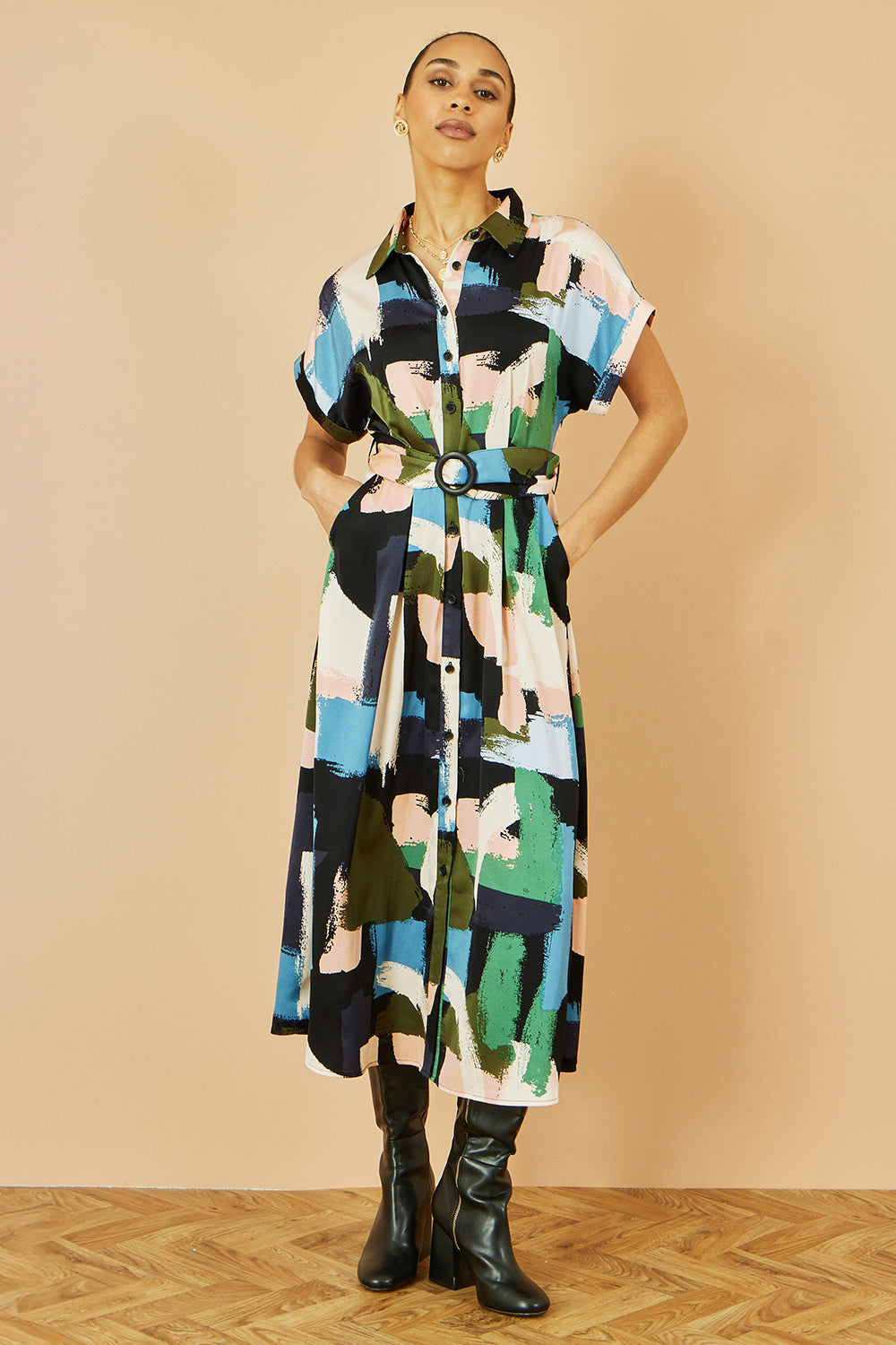 Yumi Blue Brushstroke Print Relaxed Midi Shirt Dress