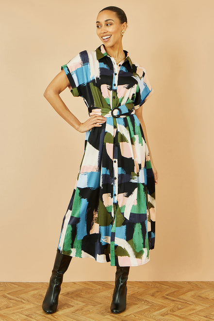 Yumi Blue Brushstroke Print Relaxed Midi Shirt Dress