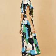Yumi Blue Brushstroke Print Relaxed Midi Shirt Dress