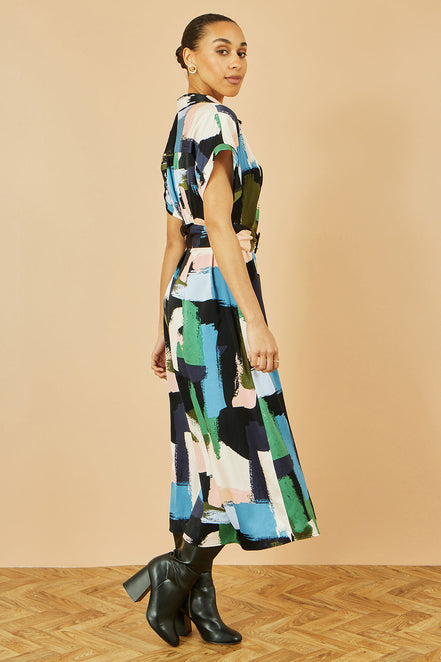 Yumi Blue Brushstroke Print Relaxed Midi Shirt Dress