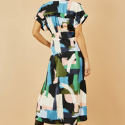 Yumi Blue Brushstroke Print Relaxed Midi Shirt Dress